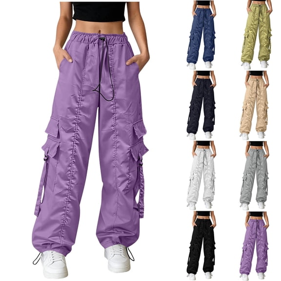 Zynoxe Cargo Pants for Women Comfort Elastic Waist Drawstring Pants Lightweight Relaxed Wide Leg Ankle Length Pants Fashion Solid Color Streetwear Trousers with Pockets S