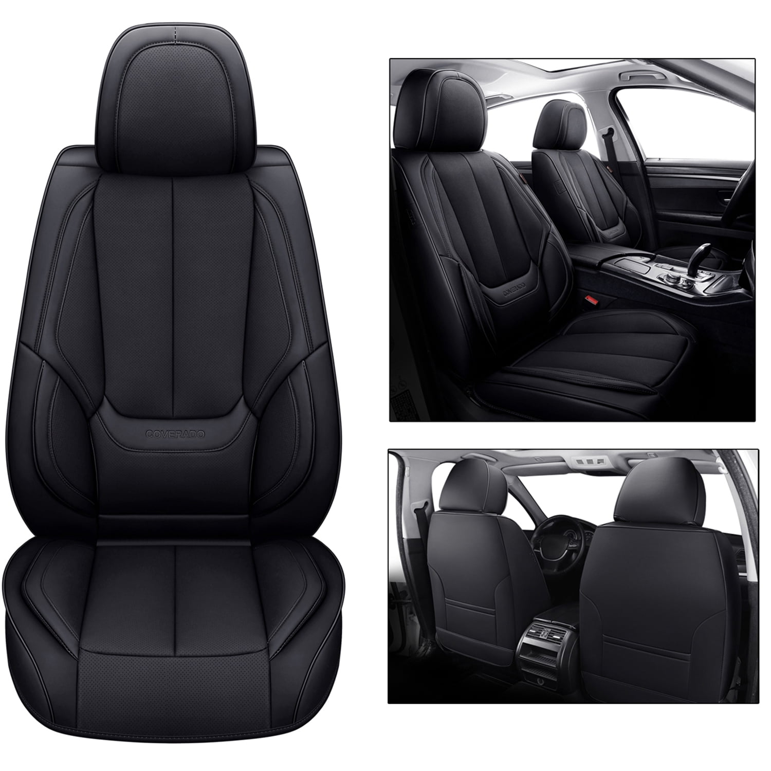 Coverado Black Front Car Seat Covers, Stylish Waterproof Premium Leather Automotive Seat Protectors, Airbag Compatible Auto Interior Accessories Universal Fit for Most Cars SUV Pick-up Trucks
