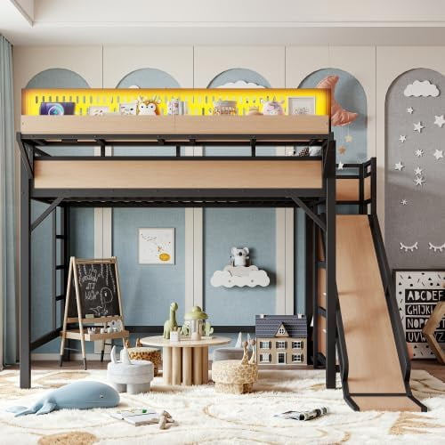 Full Size Metal Loft Bed Frame with Slide, Storage Shelves & Built-in Wardrobe, Natural