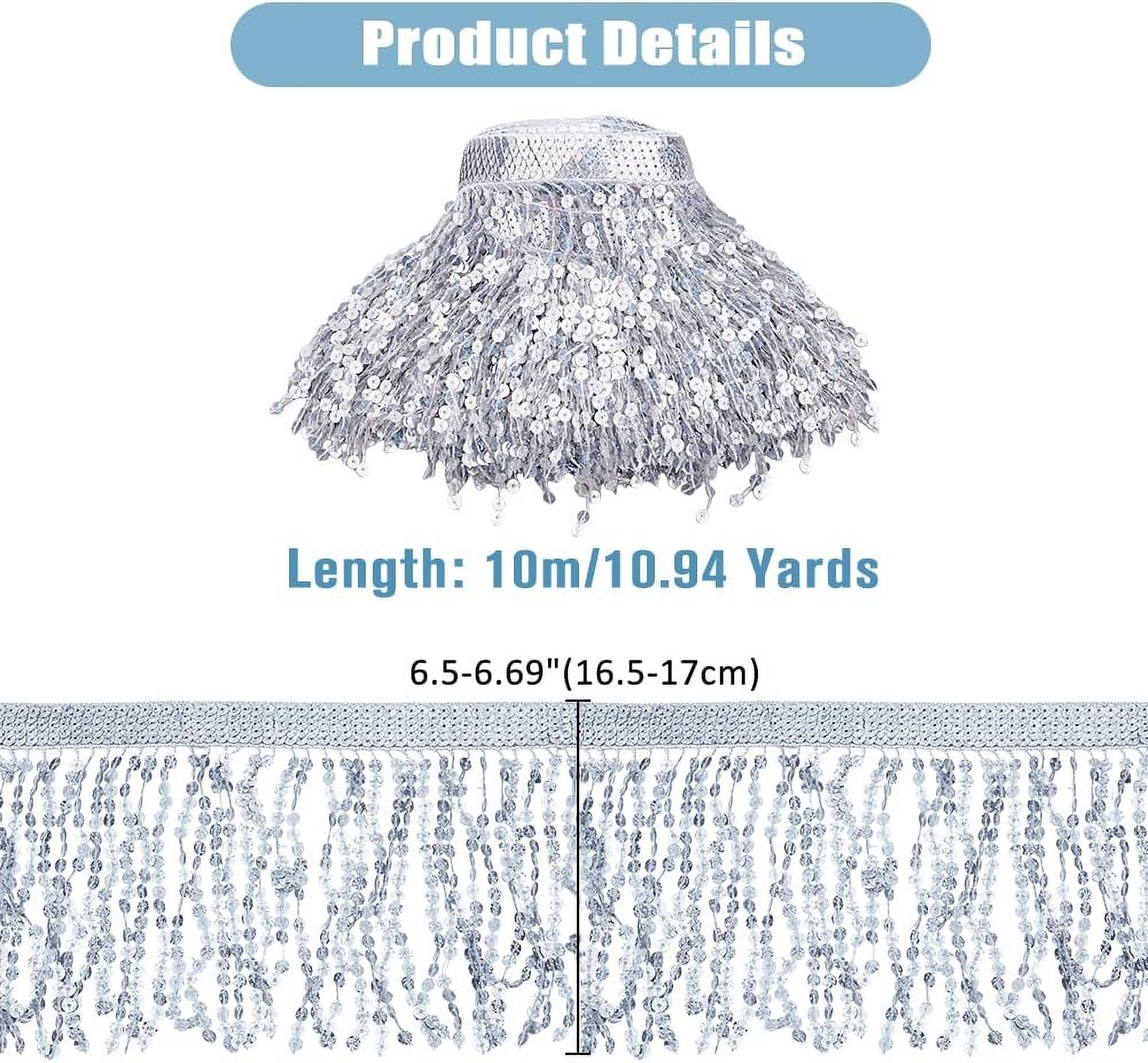 10.94 Yards Sequins Tassel Ribbon Trim 17cm/6.69inch Wide Sequins Fringe Trim Paillette Lace Trim Bling Sewing Fringe Trim Silver Sparkle Tassel Lace Ribbon for Sewing Craft Home Party Silver