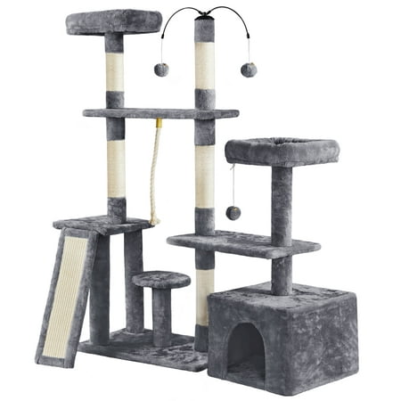 Yaheetech 53.5'' Multilevel Cat Tree Tower with Sisal Scratching Posts Perches Condos Dangling Balls Ramp, Dark Gray