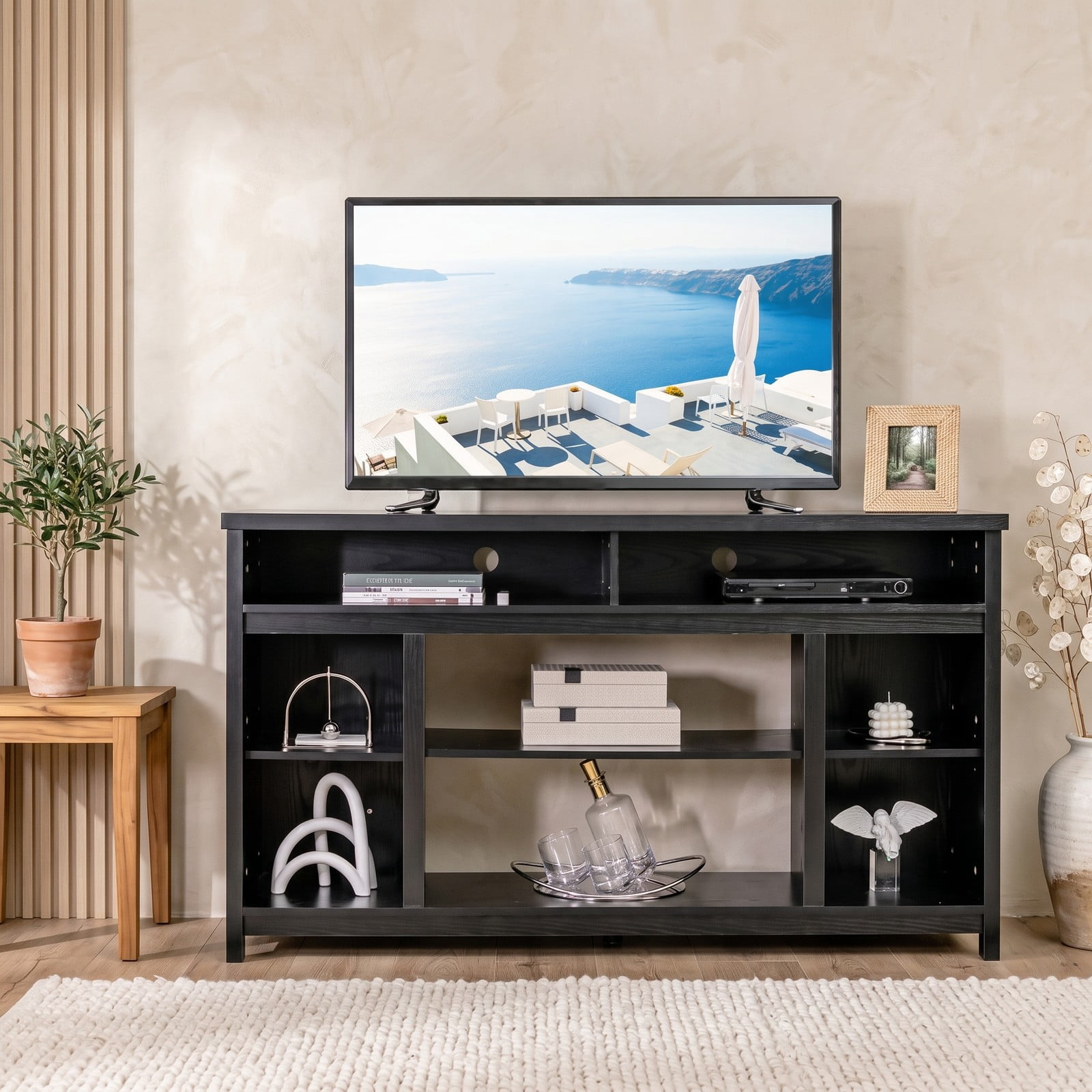 Furnibear 58 Inch TV Stand Entertainment Center Console with Adjustable Open Shelves and Cable Management for TVs up to 65 Inch, Engineered Wood Media Console, Black