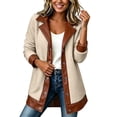 thumbnail image 2 of Women Fleece Jacket with Faux Leather Trim Button Down Lapel Collar Coat Warm Casual Fall Winter Warm Coat, 2 of 8