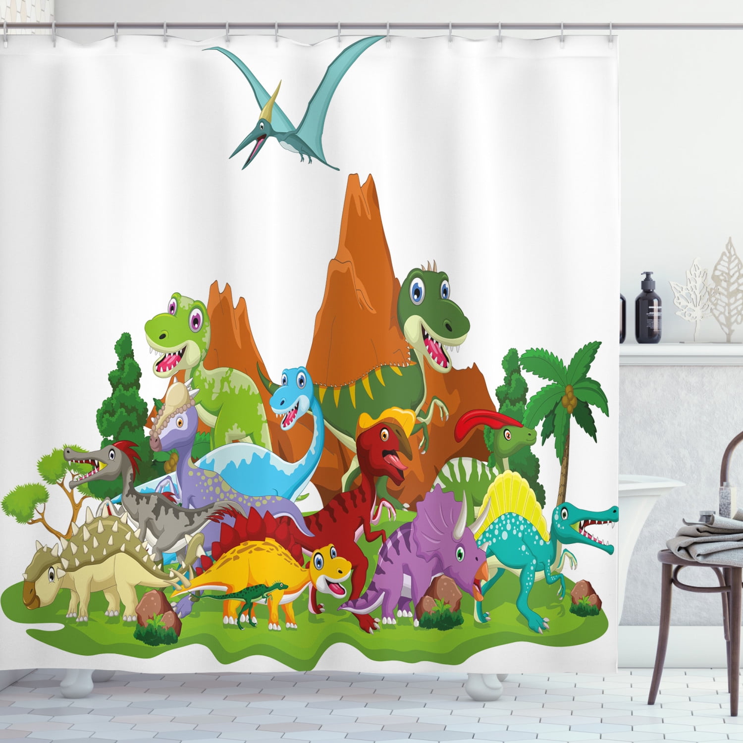 3D Funny Dinosaur Print Polyester Fiber Shower Curtain Bathroom C/W 12 Hooks 