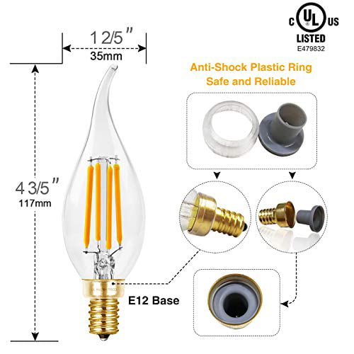Hizashi LED Candelabra Bulb 90+ CRI Flame Tip 650 Lumens Dimmable E12 Filament Candle Bulbs 6W 5000K Daylight White CA11 LED Chandelier Light Bulbs UL Listed 60W Equivalent 3 Pack 