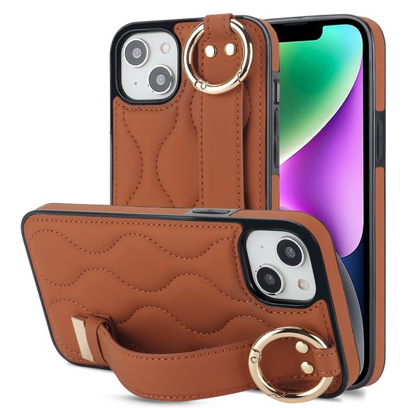 Decase for iPhone 14 Pro with Wrist band Kickstand Case,with Metal RIng,Slim Shockproof PU Leather Drop Proof Non-Slip Anti-Fingerprint Protective Phone Case Cover,Brown