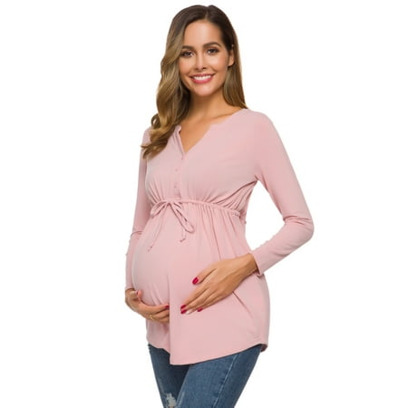 

Ecavus Women s Maternity Tops Shirts Long Sleeve V Neck Pregnancy Blouse DustyPink L