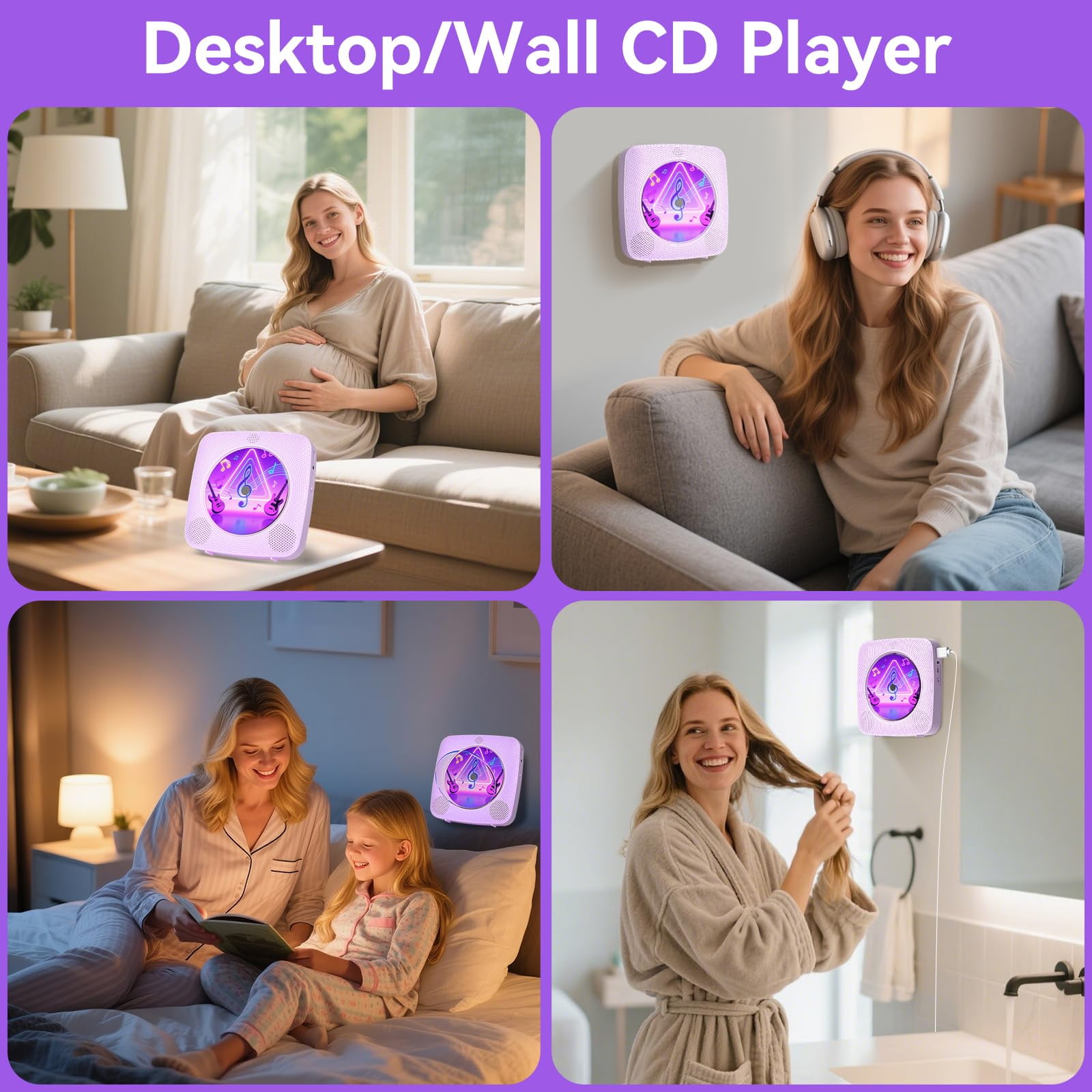Ooosea CD Player Wall Mount Portable Bluetooth Rechargeable Desktop CD Players for Home with Speakers FM Radio USB AUX Jack Remote Control