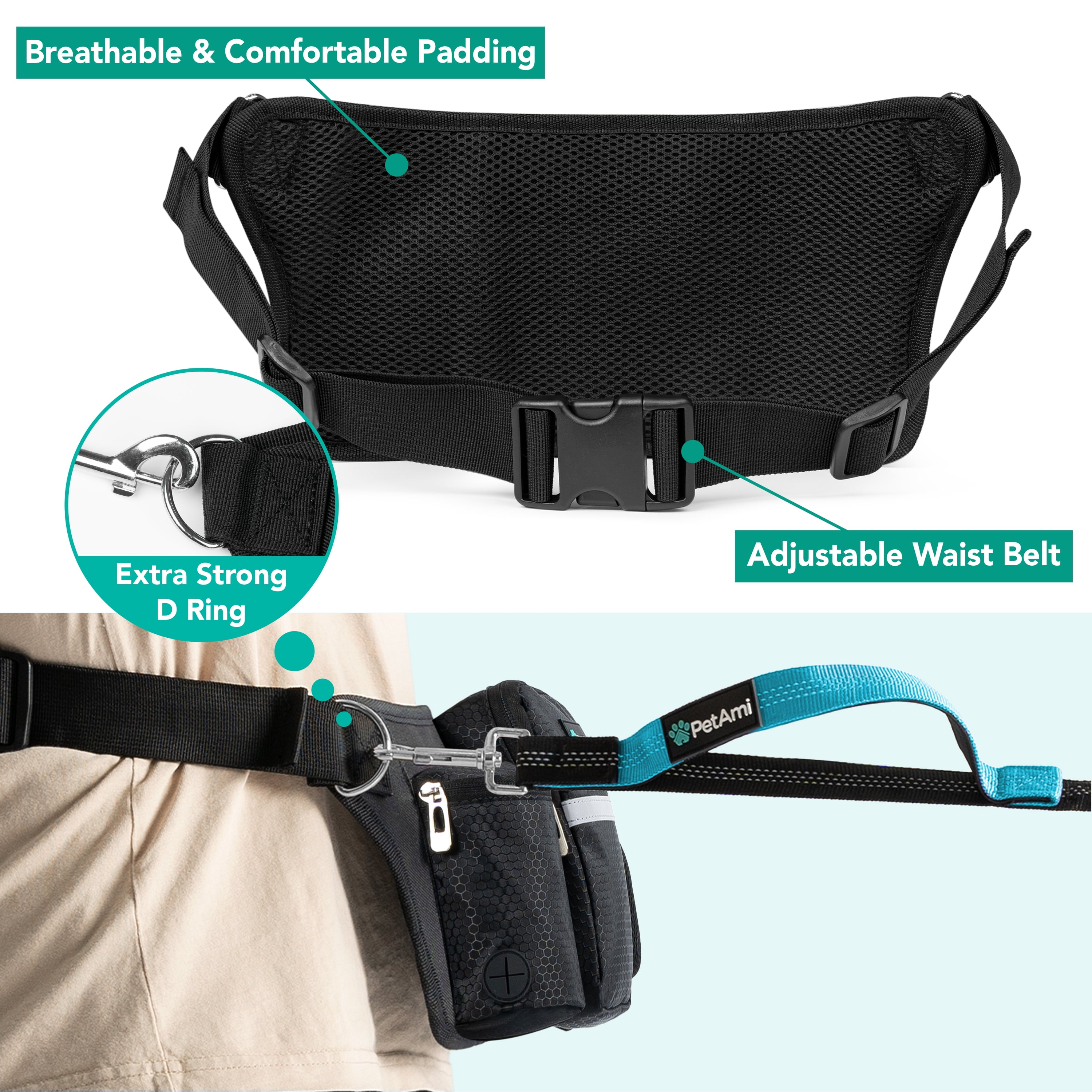 PetAmi Premium Hands Free Dog Leash for 2 Dogs, Adjustable Waist Belt Leash for Dog Walking, Fanny Pack Accessories Bag Dual Bungee Leash for Running, Hiking, Jogging, Biking, Black
