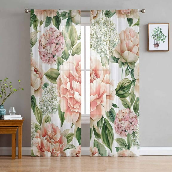 Pink Peony Hydrangea Sheer Curtains 96 Inches Long 2 Panels Set, Window Sheer Curtains for Living Room/Bedroom, Spring Botanical Floral Light Filtering Rod Pocket Curtain 52'' x 96'' x 2