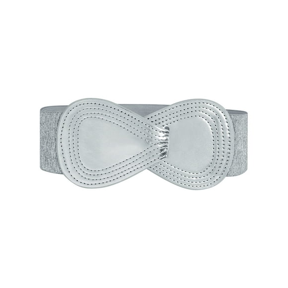 INSPIRE CHIC Interlock Buckle 8-shaped Faux Leather Elastic Belt Cinch Waistband for Lady Fit Waist Girth:37"/93.5cm-49"/124cm Metallic Silver