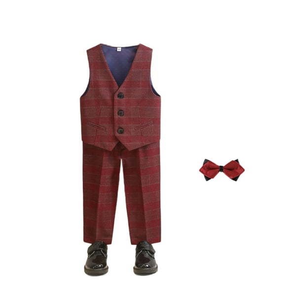 OGLCCG Boys' 3-Piece Formal Vest Suit Set V Neck Sleeveless Button Down Vest with Pants and Bowtie Fashion Plaid Dresswear Suit Set 1-12 Years