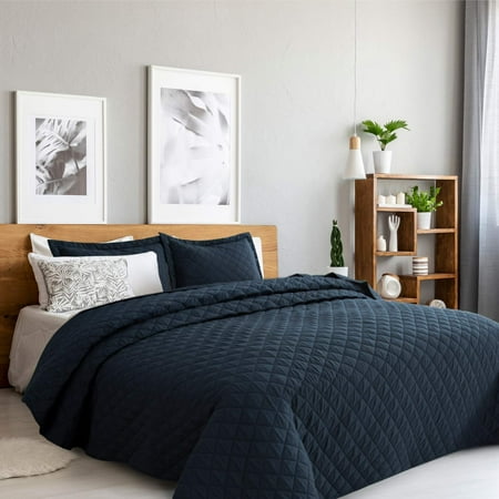 Blue Pick Stitch Quilt Bedsure 3 Piece Reversible Soft Microfiber Lightweight Quilt Set Diamond Stitched Pattern Coverlet Bedspread for All Season Quilt, 2 Shams) ()