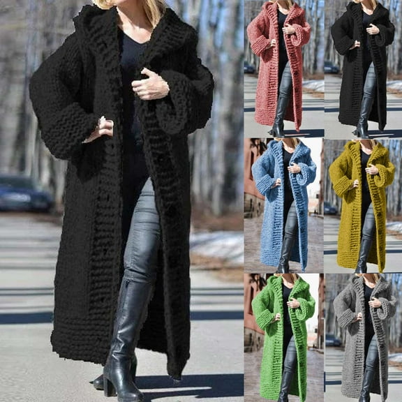 Ankle Length Coats for Women,Chunky Knit Sweater,Women Plus Size Long Open Front Drape Maxi Cardigan,Long Sleeve Cardigan Fall Chunky Long Sweater Coats for Women Black L