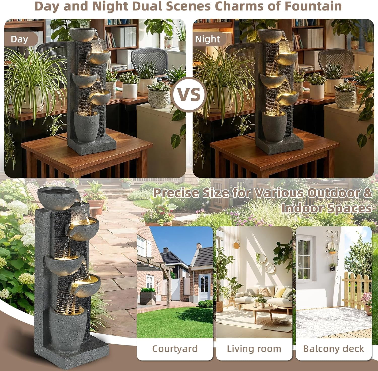 EPICOZY 23.3" Tall 5-Tier Cascading Bowl Outdoor Water Fountain, Modern Garden Waterfall Fountain with 4 LED Lights, Floor-Standing Resin Water Feature for Patio, Yard, Deck, House, Home Décor