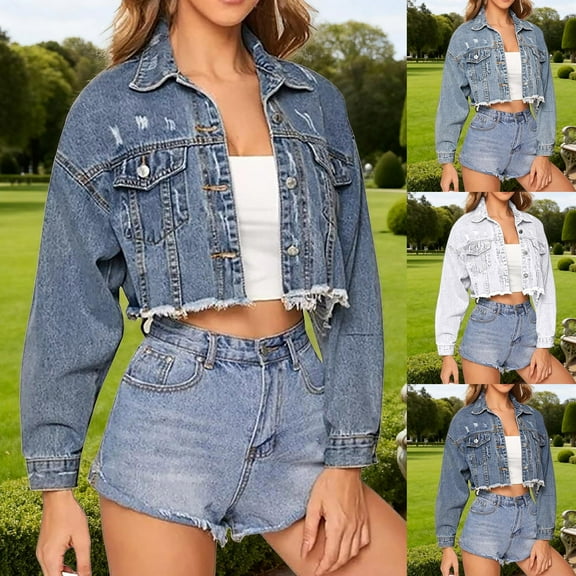 Miluxas Women's Basic Button Down Long Sleeve Lapel Stretchy Jean Fashion Casual Denim Jacket White XL(XL)