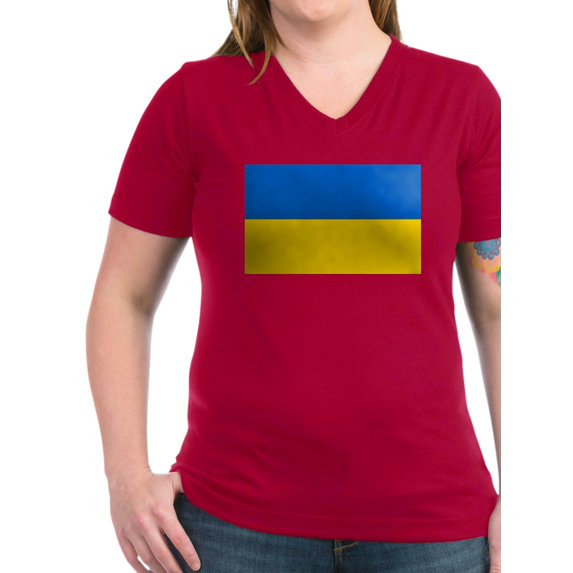 CafePress - Flag Of Ukraine T Shirt - Women's V-Neck Dark T-Shirt