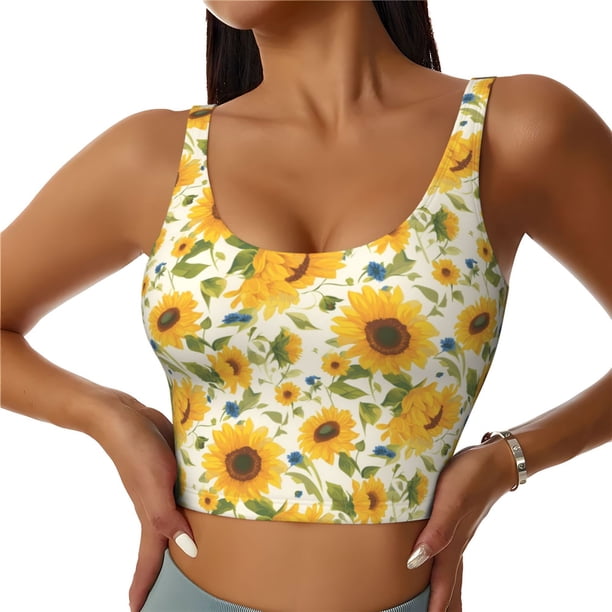 Fotbe Beautiful Countryside Sunflower Sujetador Deportivo Largo sin Aros para Mujer con Almohadillas y Soporte Medio, Transpirable y Absorbente, Camiseta Tipo Chaleco o Tank Top-Small