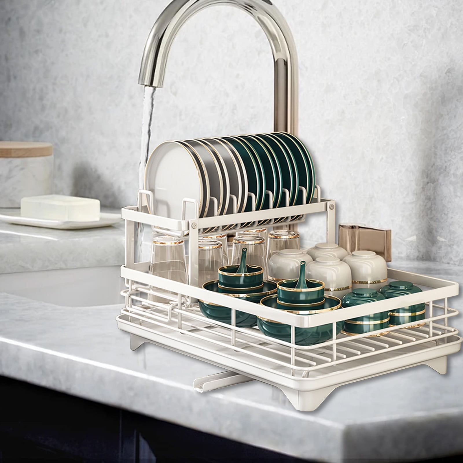 Dish Drying Rack, Carbon Steel 2-Tier Drainer, Large Capacity Space-Saving Easy-Install Sturdy Anti-Collapse Stable, Kitchen Countertop Dish Bowl Cup Utensil Organizer Shelf