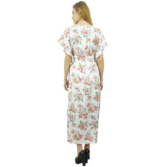 Bimba Women's Long Satin Maxi Drawstring Floral Kaftan Kimono White Gown - 8