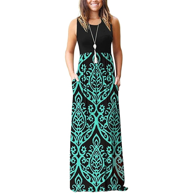 Vestido largo suelto sin mangas de verano para mujer Vestido largo casual con bolsillos Adepaton FSHY034-96
