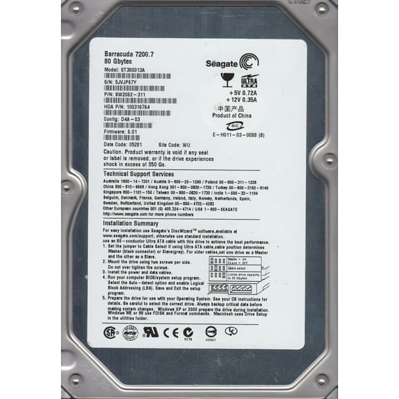 ST380013A, 5JV, WU, PN 9W2082-311, FW 8.01, Seagate 80GB IDE 3.5 Hard Drive