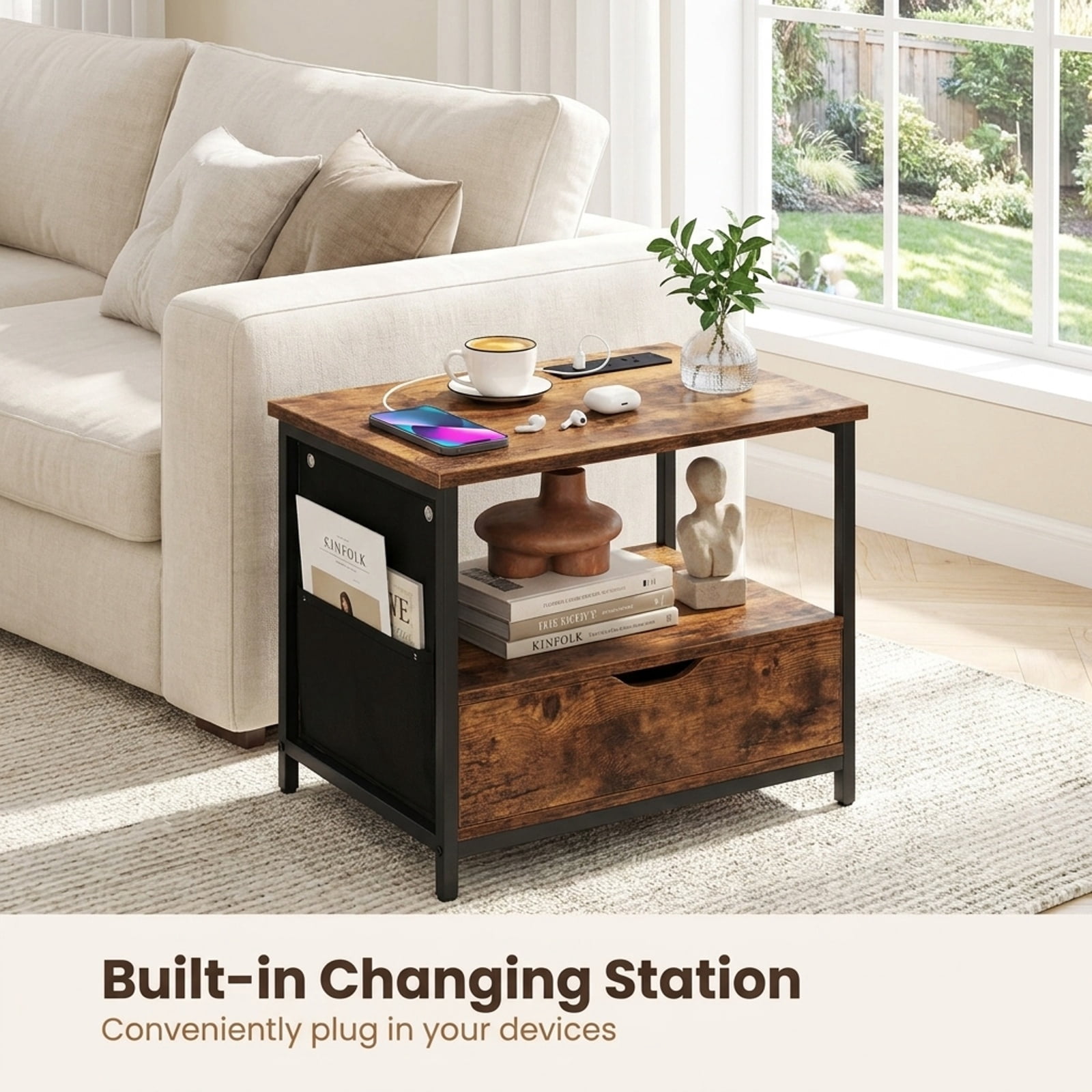 Furnibear End Table with Charging Station Set of 2 Nightstand with 2 Folding Fabric Drawers for Bedroom Living Room Bedside Sofa Side Small, Coffee