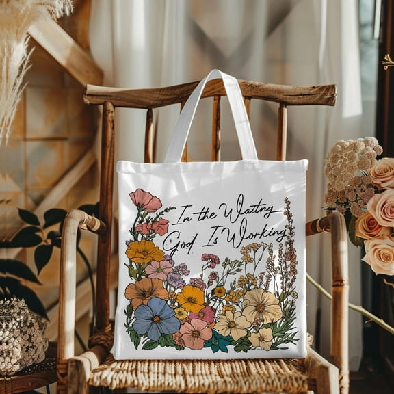 Inspirational Christian Tote Bag for Women, In the Waiting God Is Working, Vintage Floral Canvas Bag, Faith-Based Gift, Bible Verse Tote, Reusable Church Bag, Scripture Tote for Prayer & Worship