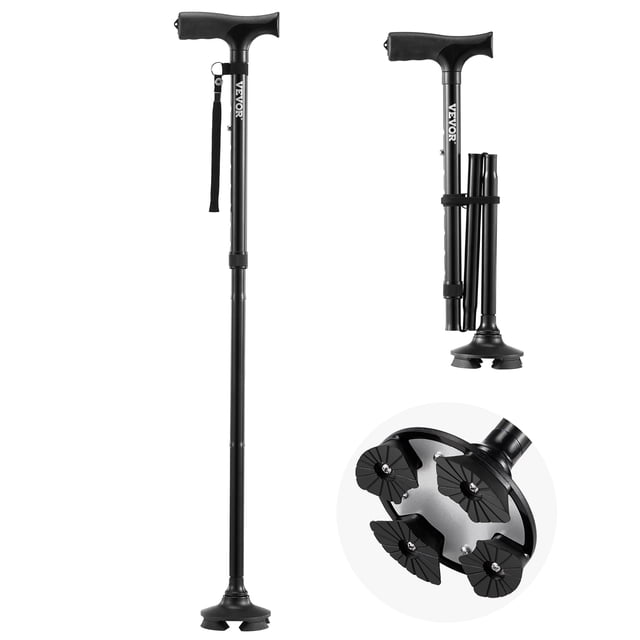 VEVOR Canne de Marche Pliable avec Hauteur Réglable à 8 Niveaux et Base Pivotante à 4 Branches