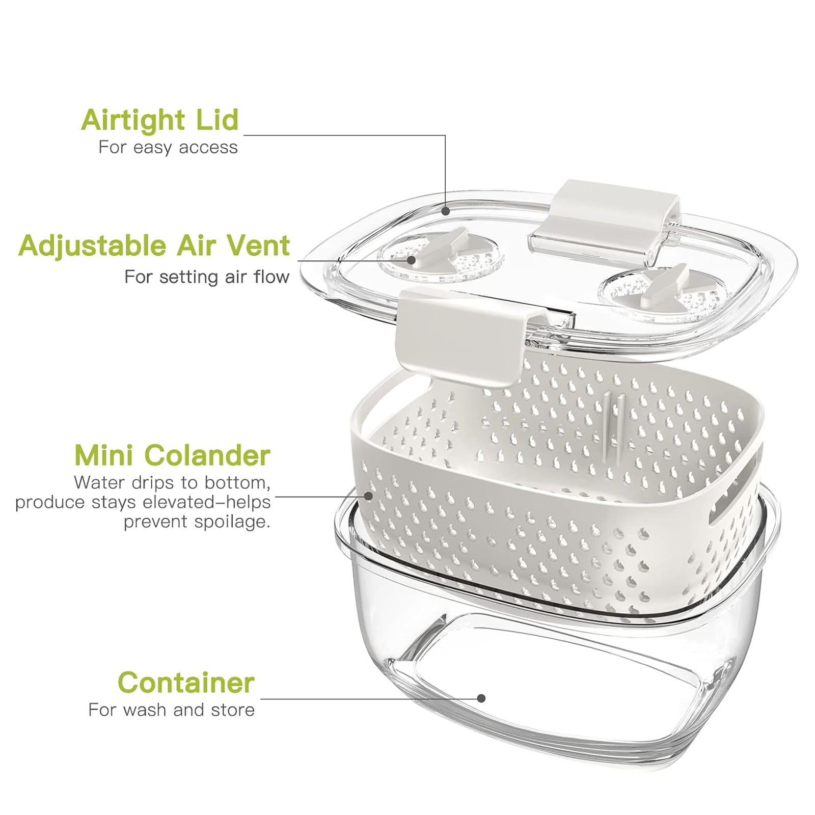 LUXEAR Fresh Container, BPA-free, Partitioned Fruit Storage Container 3 Pack Produce Container for Fridge, Green