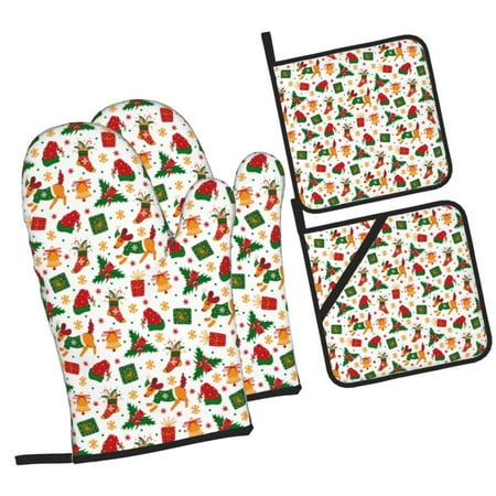 

Balery Christmas Hat Cute Puppy Pattern Oven Mitts and Pot Holders 4 pcs Set Kitchen Oven Glove High Heat Resistant 500℉ Oven Mitts with Non-Slip Silicone Surface