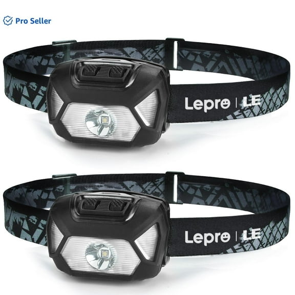 Lepro 2-Pack Battery-Powered Head lamp, 1300 Lux Super Bright with Adjustable Headband, 6 Modes including Red Light, IPX4 Waterproof Suitable for Camping and Outdoor Activities