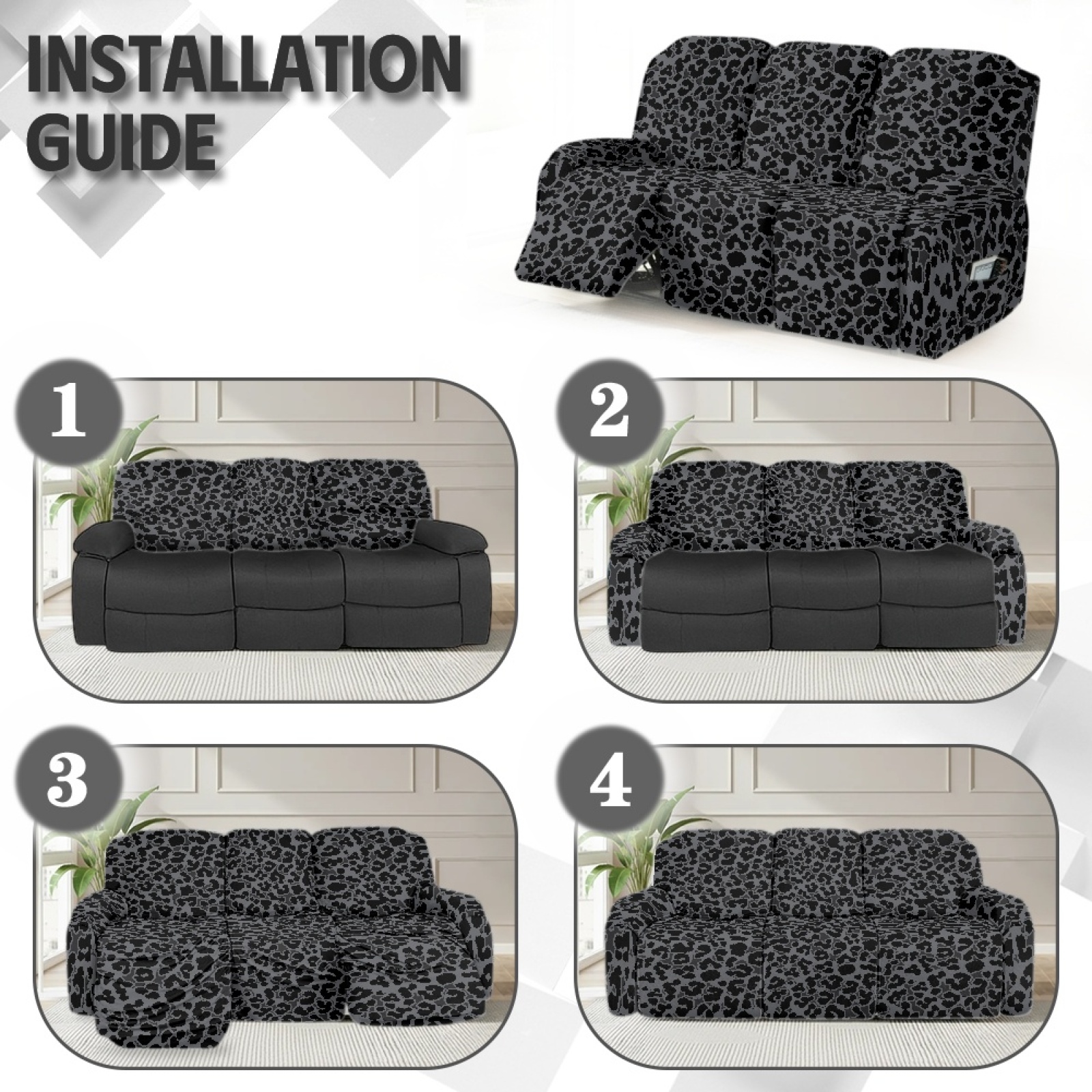 COEQINE Black Leopard Print Recliner Couch Cover Breathable 3 Seater Reclining Chair Slipcover 8 Pieces Non-Slip Recliner Sofa Cover with Pocket and Elastic Bottom for Dogs, Kids