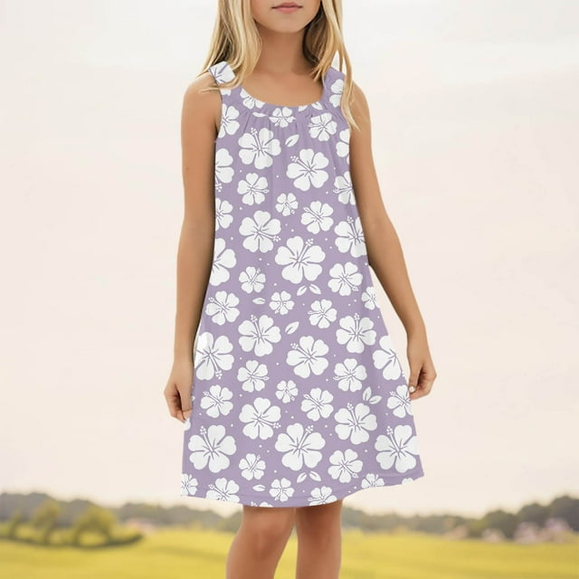 Robes de Printemps pour Filles Enfants Robe d'Été à Fleurs Sans Manches Plage Maillot de Bain Robe Débardeur Robe Bébé Violet Clair 9 Ans-10 Ans