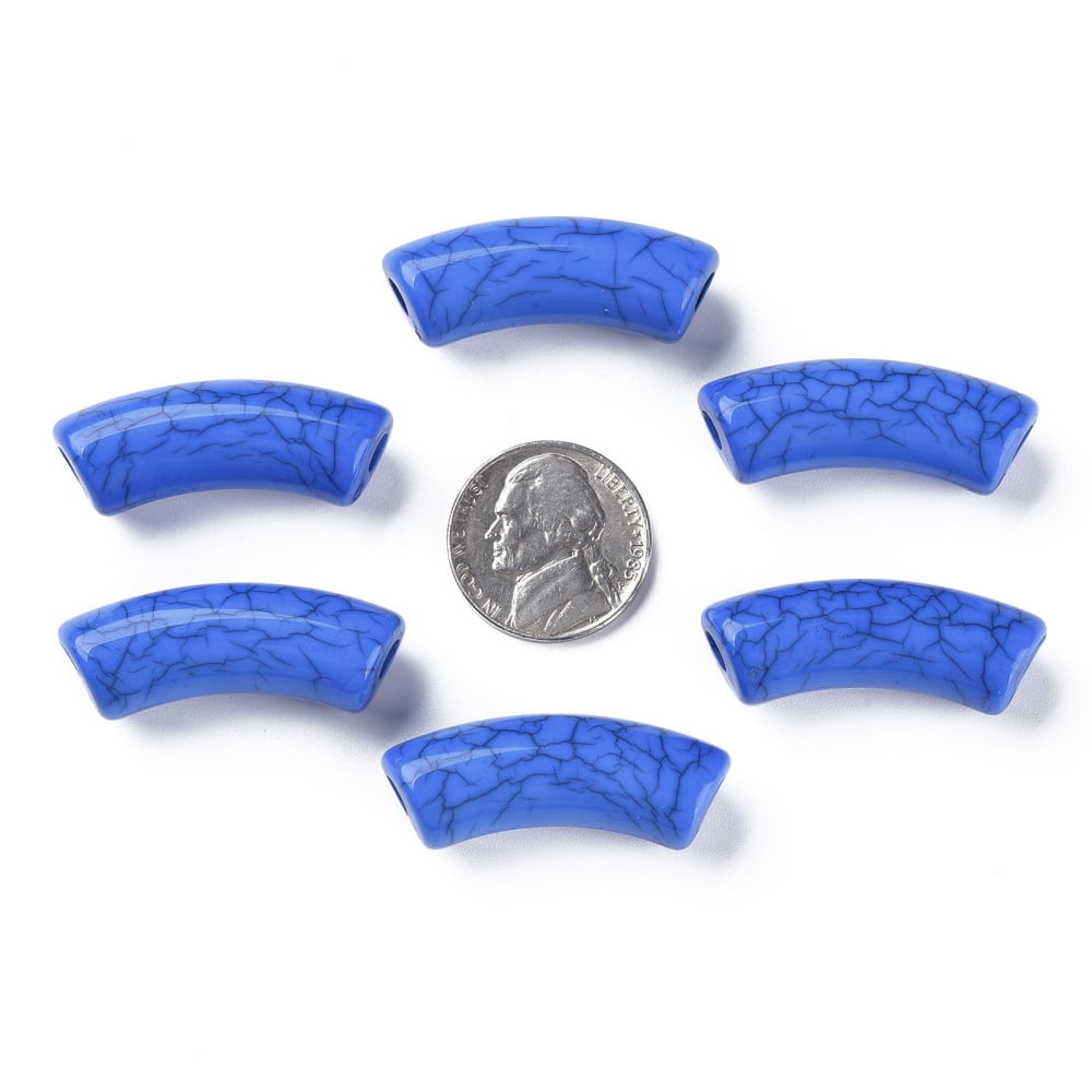 Opaque Crackle Acrylic Beads Curved Tube Medium Blue 36x13.5x11.5mm Hole: 4mm about 148pcs/500g
