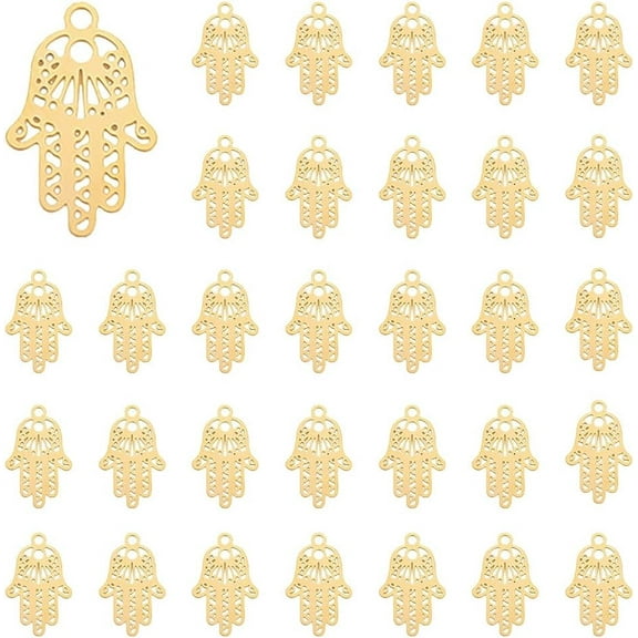 D 60Pcs Filigree Hand Charms Golden Fátima Hand Charms Good Luck Pendants Stainless Steel Jewish Hamsa Pendants Hollow Hamasa Hand Charms for Jewelry Crafts Making Hole: 1mm