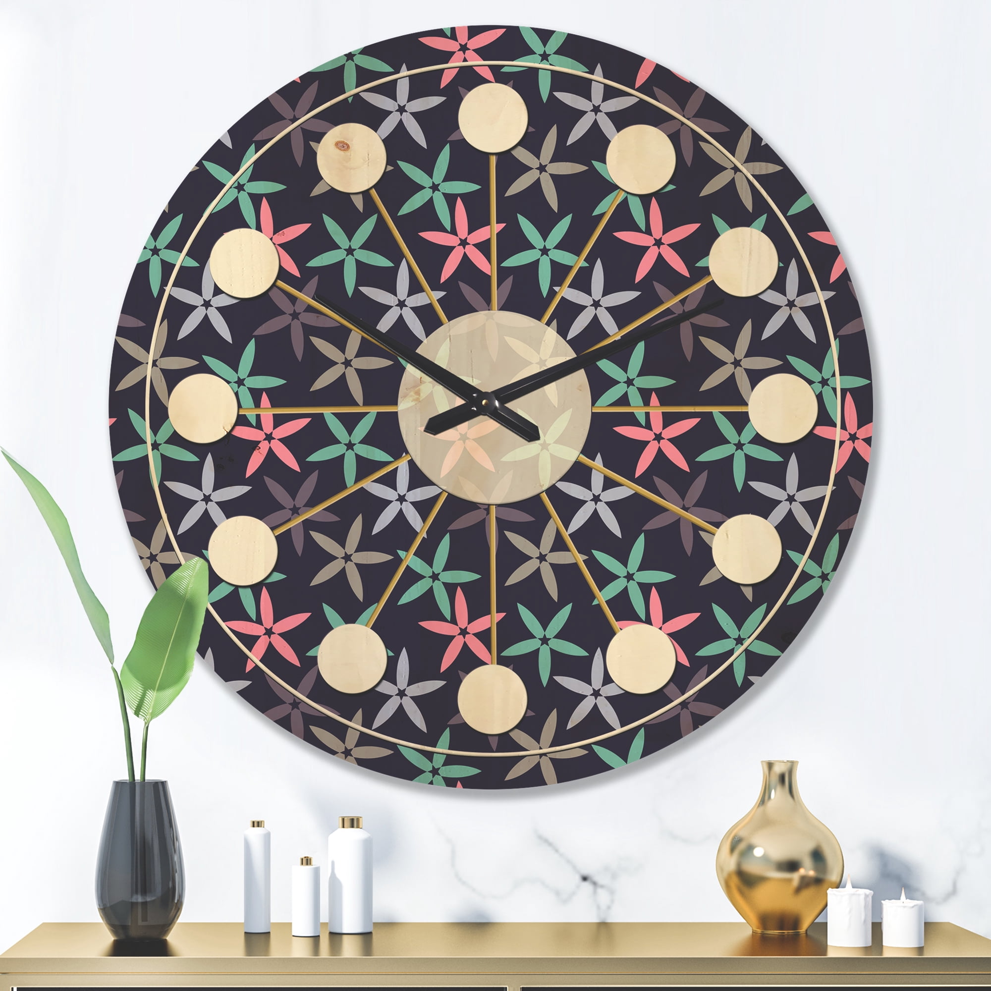 Designart 'Abstract Retro Flower Design V' Mid-Century Modern Wood Wall Clock