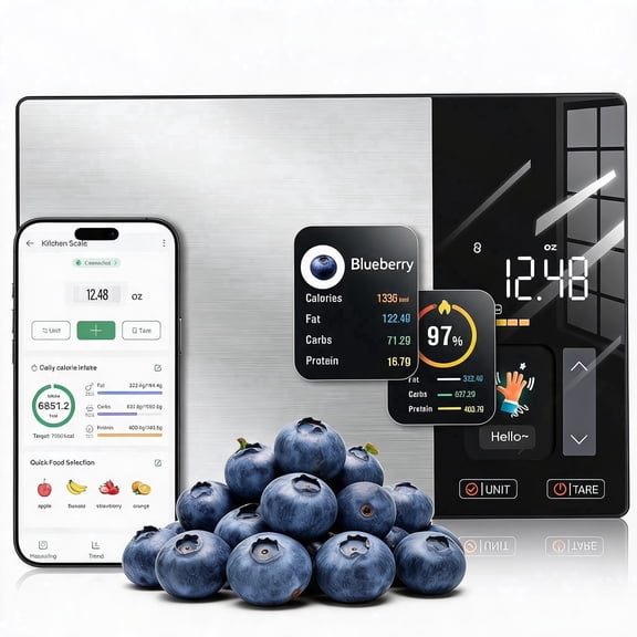 Smart Nutrition Food Scale with TFT Display, Tracks Calories, Fat, Carbs & Protein, Works with App for Daily Reports, 50 Built-in Foods, 23 Nutrients, Digital Kitchen Scale for Meal Prep