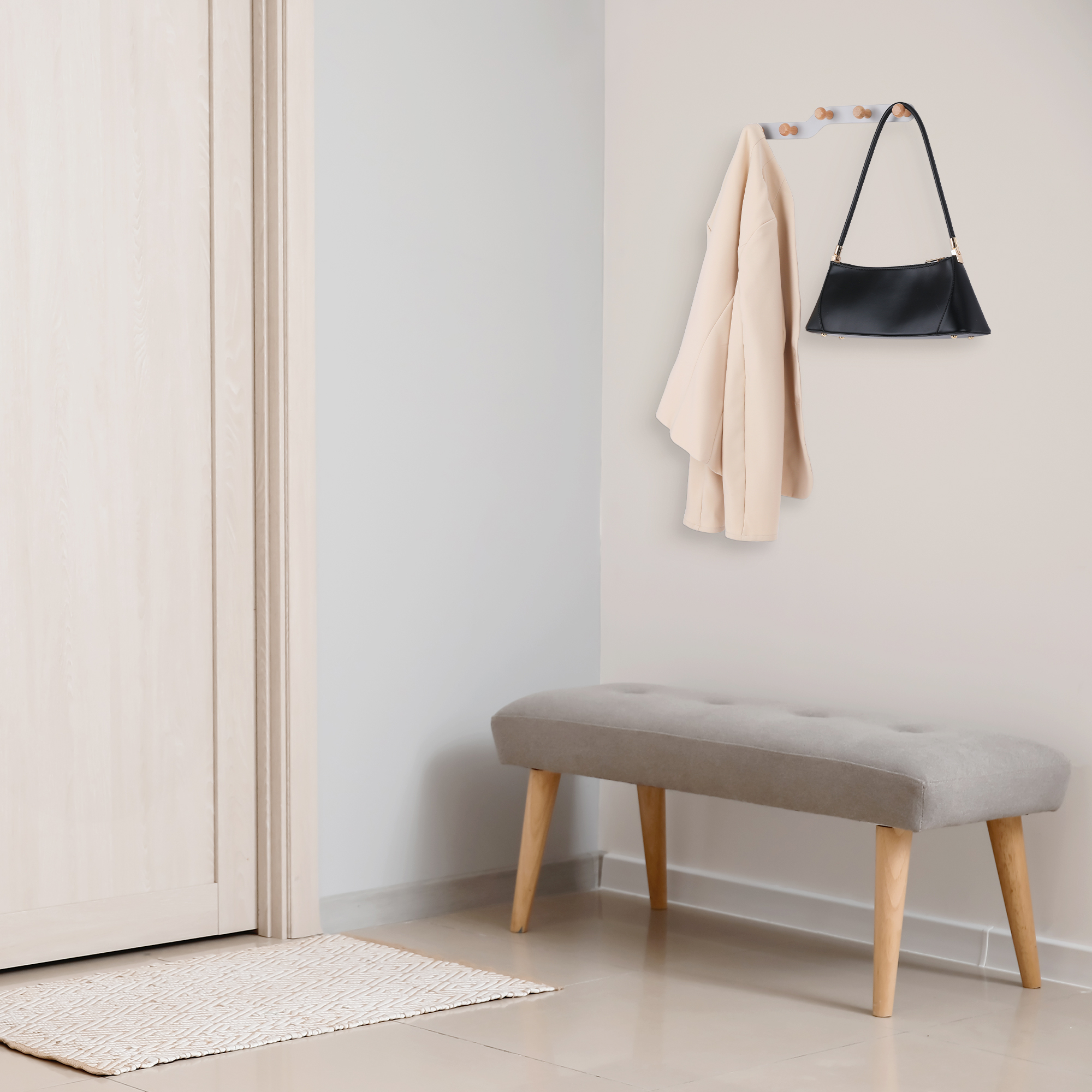 Unique Bargains Coat Rack Wall Mount Metal Wood Coat Hook for Hanging with 5 Hooks Gray
