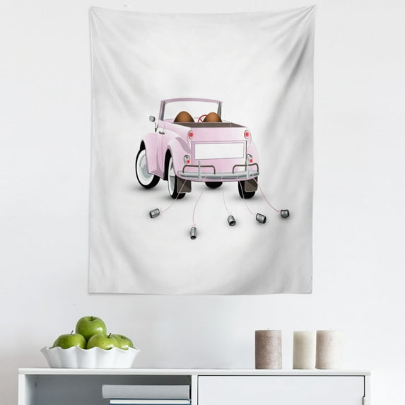 Love Tapestry, Just Married Themed Open Roof Top Car Love for Bride and Groom Picture Wedding Print, Fabric Wall Hanging Decor for Bedroom Living Room Dorm, 5 Sizes, Pink White, by Ambesonne