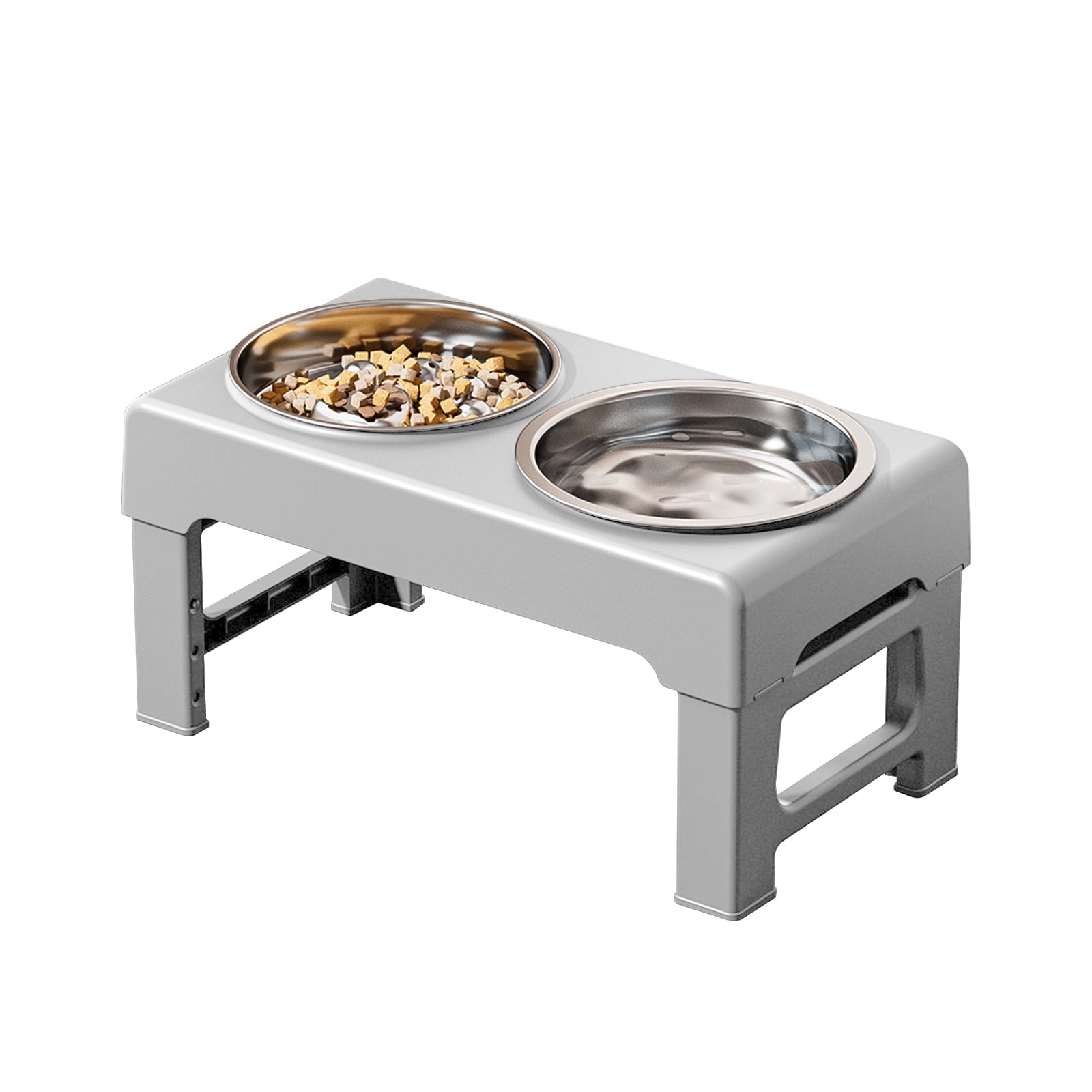 Elevated Dog Bowls Stand with Slow Feeder and 2 Stainless Steel Dishes, Height Adjustable Non-Slip Base Raised Pet Feeder for Most Sizes, Gray