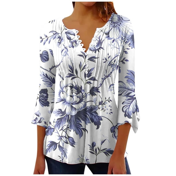 Camisetas de Cuello en V Mujeres, Impreso 3/4 Manga Blusa Casual Hecha de Cómodo Estante de Imitación para Toda la Temporada de Uso Diario, Camisetas Casuales de Mujer
