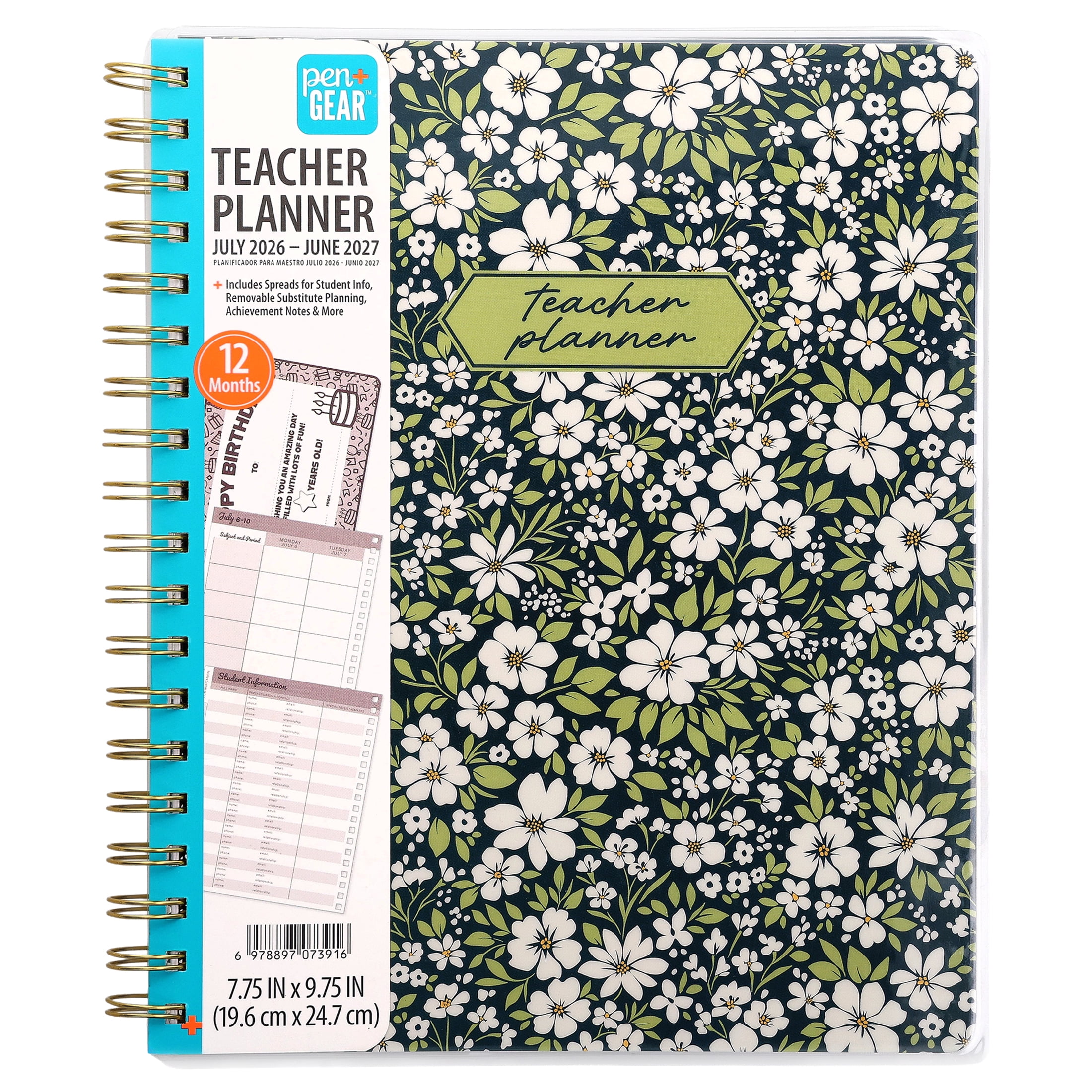 Pen+Gear 12-Month Monthly Teacher Planner, July 2026-June 2027, Dark Navy Floral, 7.75" x 9.75"
