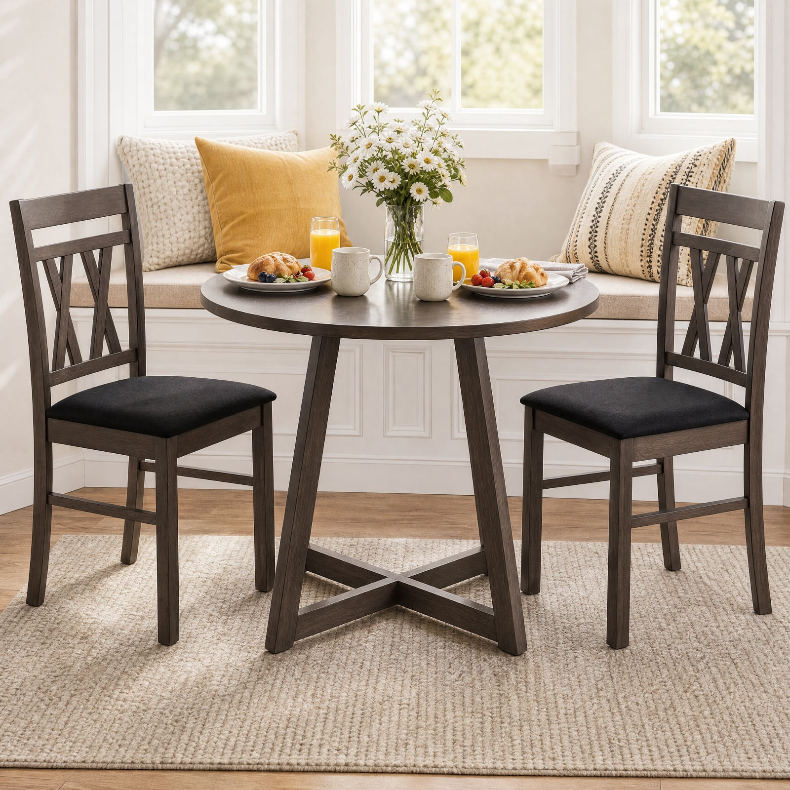 Furnibear Set of 2 Modern Linen Style Upholstered Kitchen Chairs with High Back and Rubber Wood Frame for Dining Room, Gray