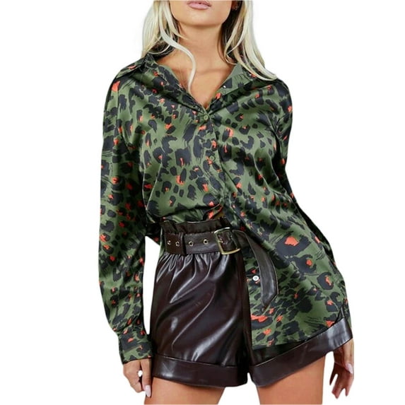 Sedceaty Women Trendy Shirt, Leopard Print Lapel Long Sleeve Button-Up Loose Blouse for Ladies, S/M/L/XL/XXL