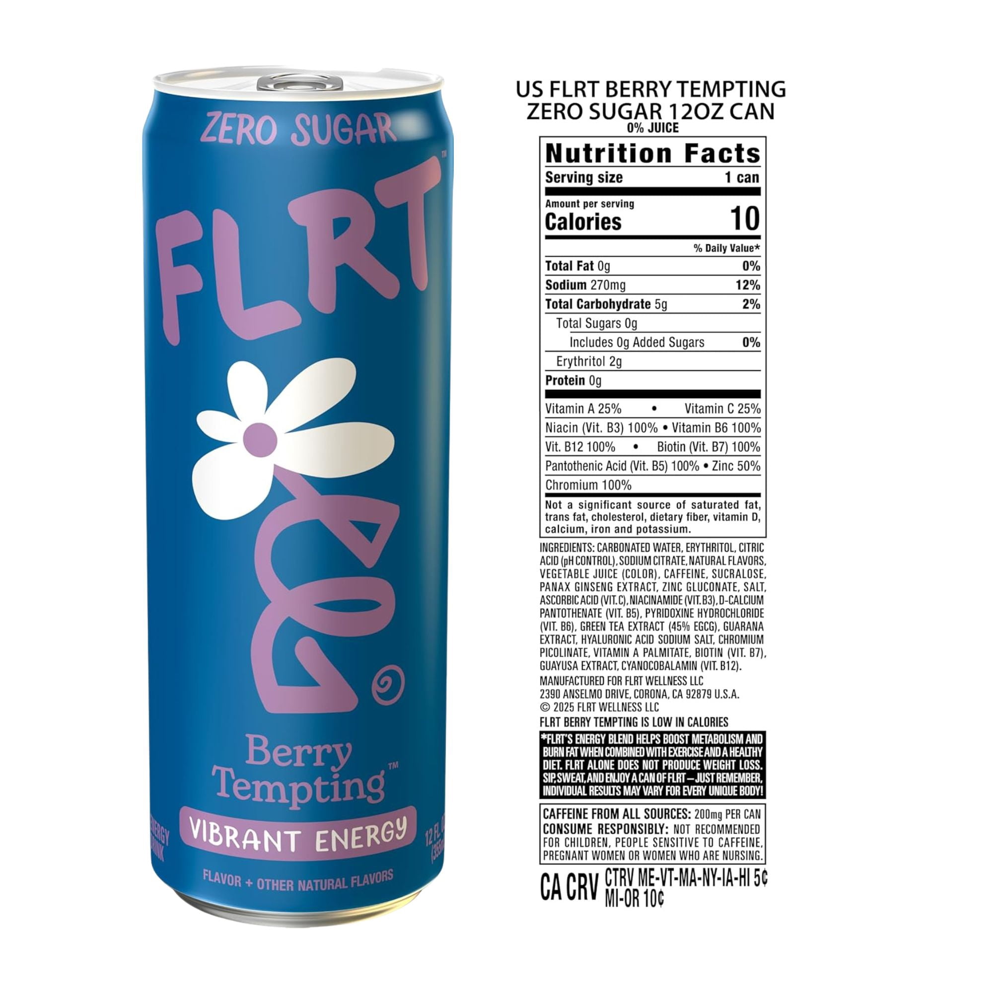 FLRT Energy Drink 4‑Flavor Sampler Pack, 4 Cans, Zero Sugar