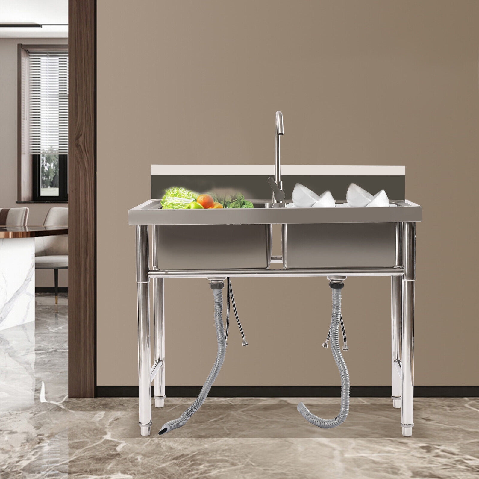 2 Sinks Commercial Restaurant Utility Kitchen Sink Double Compartment Stainless Steel
