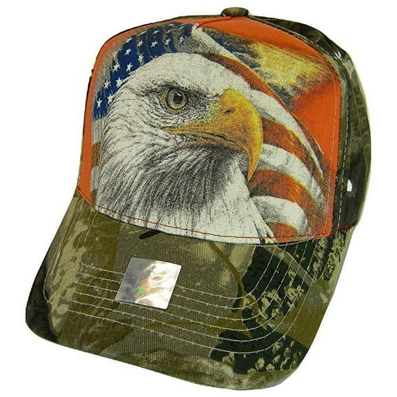 Men's Patriotic USA Flag & Eagle Hunting Camo Adjustable Baseball Cap (Red)
