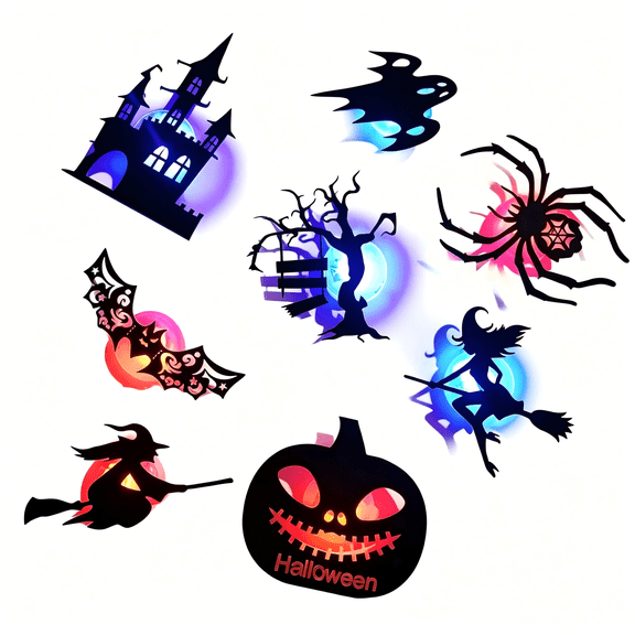 8Pcs Halloween 3D Lighted Silhouette Decorations, LED Glowing Bat, Witch, Pumpkin & Ghost Wall Clings, Multicolor Lighted Hanging Halloween Decor for Home, Party, Indoor