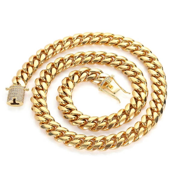 Men's Miami Cuba Chain Necklace, Silver/Gold, 8/10/12mm Stainless Steel Chain, Set with Zircon and Diamonds, Chain Choker